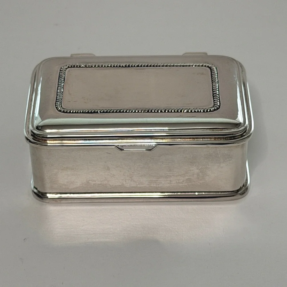 Vintage Silver Plate Trinket Box Blue Velvet Lined Jewelry Keepsake Box